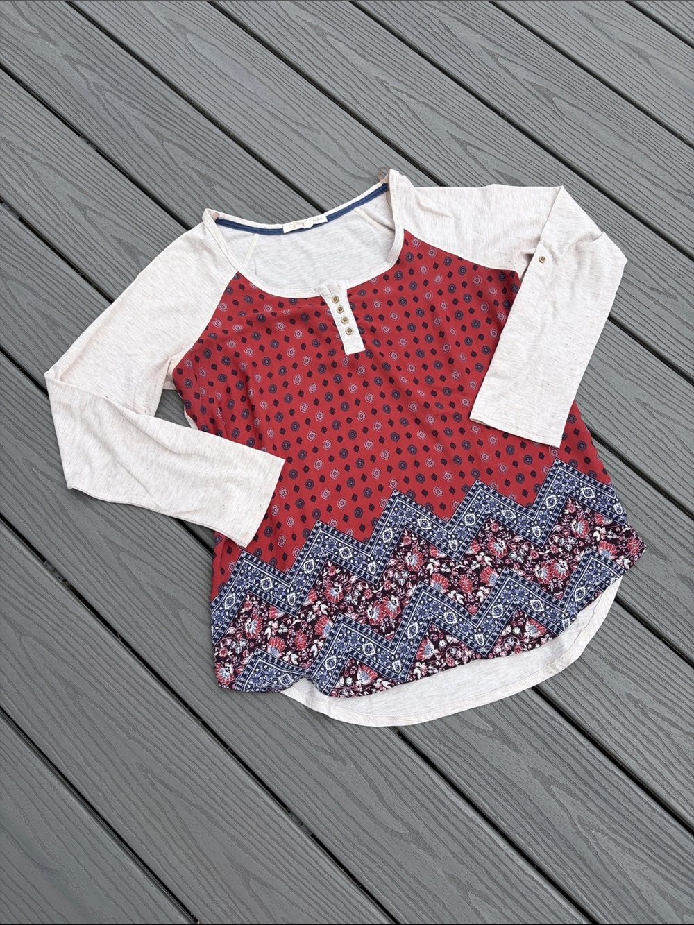 Rewind Red Patterned Raglan Henley with Cream Sleeves
